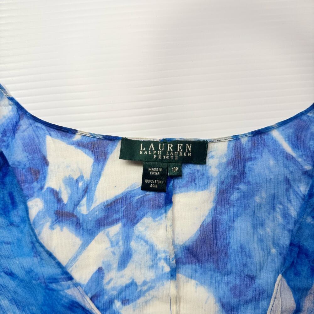 Lauren Ralph Lauren Silk Blue Floral Blouse Women's 10P Petite Coastal Cruise - Picture 8 of 16